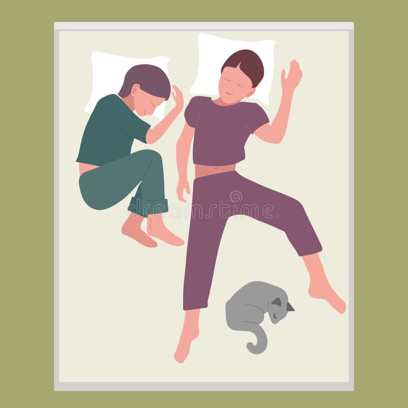 Joven pareja con mascota duerme en la cama en casa en pose de relax. chica y novio en pijama durmiendo de noche. familia con