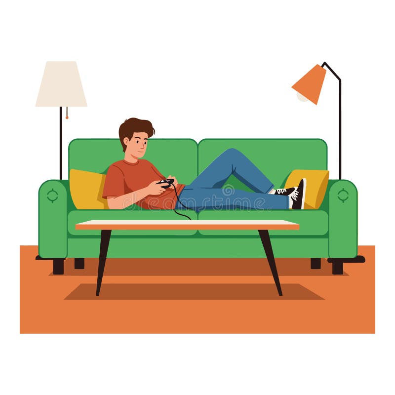 Joven sentado en un sofá verde jugando videojuegos en una ilustración vectorial plana libre illustration