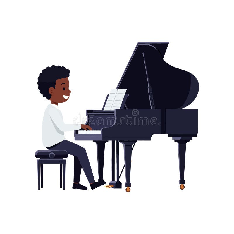 Joven tocando alegremente un piano de cola en una ilustración vectorial plana libre illustration