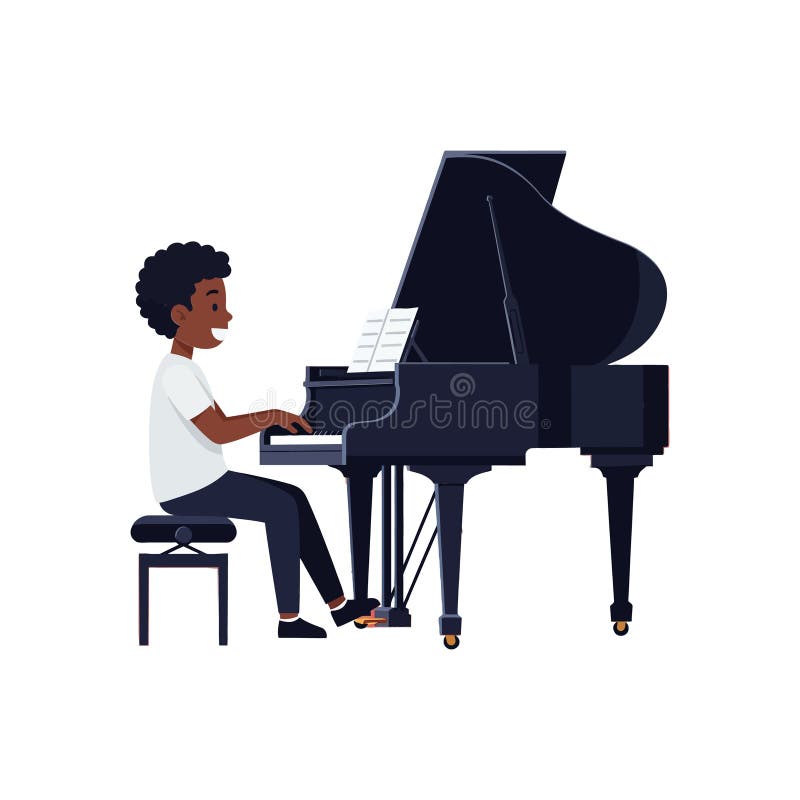 Joven tocando un piano de cola con entusiasmo en una ilustración vectorial plana libre illustration