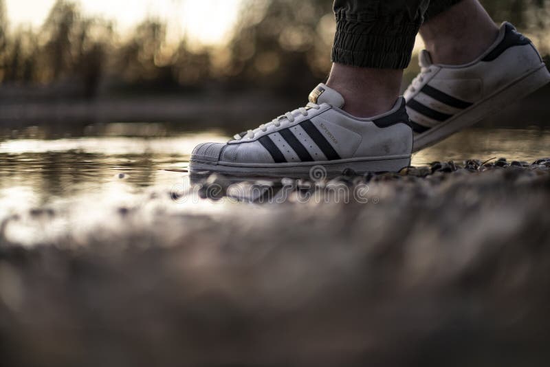 Joven Usando Viejo Par De Zapatos De Adidas Superstar En El Agua Del Río Foto editorial - Imagen adulto, fondo: 168876561