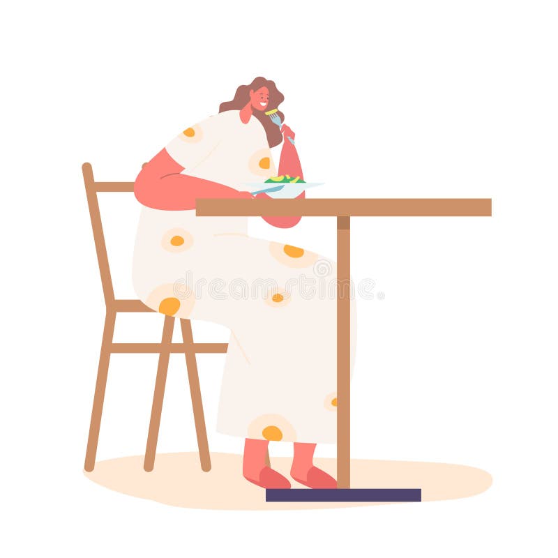 Joven visitando un restaurante o un café. personaje femenino sentado en la mesa disfrutando de una ensalada fresca. la chica se es ilustración del vector