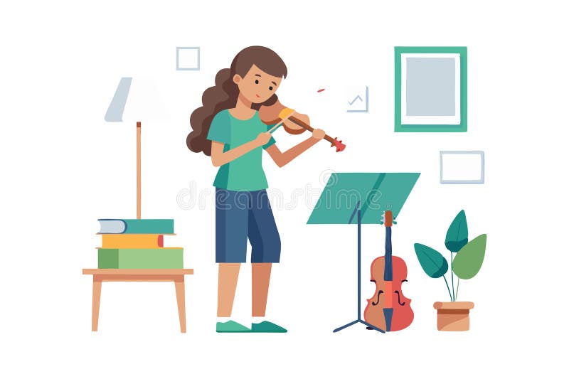 Jovencita practicando violín en casa con música y decoración libre illustration