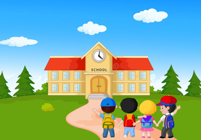 Illustration of Happy young children walking together to school. Illustration of Happy young children walking together to school