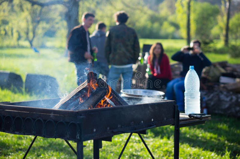 Jovens a fazer um churrasco no jardim foto de stock