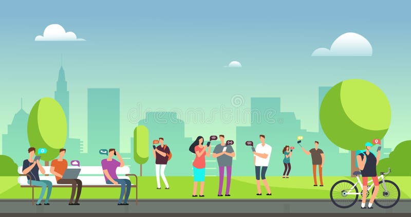 Jovens que usam os smartphones e as tabuletas que andam fora no parque Conceito móvel do vetor do apego do Internet ilustração do vetor Jovens que usam os smartphones e as tabuletas que andam fora no parque Conceito móvel do vetor do apego do Internet ilustração do vetor