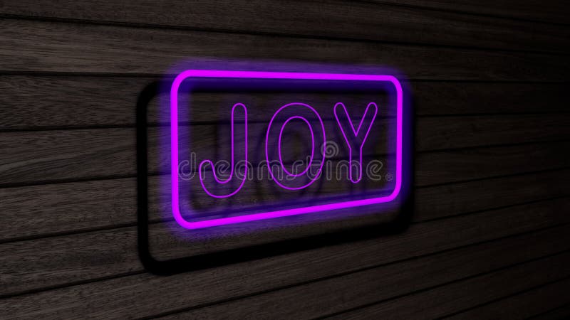 Joy purple color neon fluorescent tubes signs on wooden wall. 3D render, illustration, poster, banner. Inscription, concept on