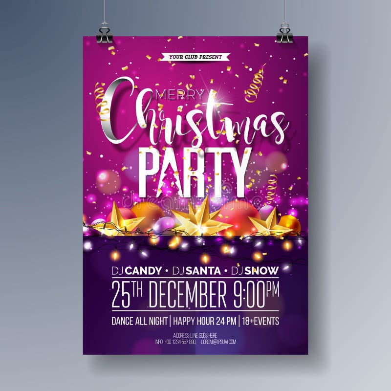 Vector Merry Christmas Party Flyer Illustration with Holiday Typography Elements and Ornamental Balls, Cutout Paper Star, Light Garland on Shiny Background. Celebration Poster Design. EPS10. Vector Merry Christmas Party Flyer Illustration with Holiday Typography Elements and Ornamental Balls, Cutout Paper Star, Light Garland on Shiny Background. Celebration Poster Design. EPS10