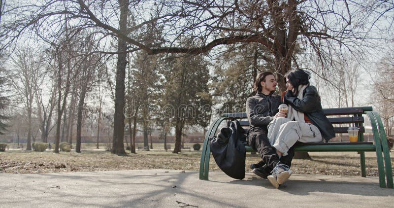 Joyeux couple amoureux Profitez d'une journée ensoleillée d'hiver dans le parc banque de vidéos