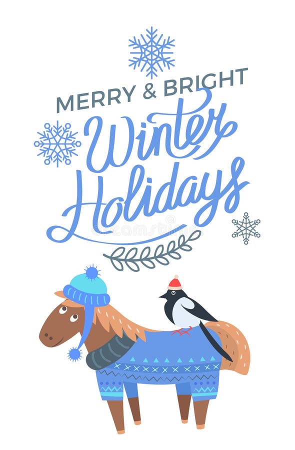 Joyeux et lumineux oiseau de cheval d'affiche de vacances d'hiver illustration stock Joyeux et lumineux oiseau de cheval d'affiche de vacances d'hiver illustration stock