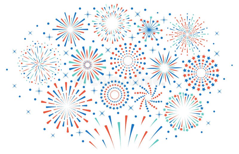 Happy 4th July fireworks. Celebration firework explode, carnival party firecracker explosions. Colorful festival fireworks vector illustration. Sparkle firecracker, graphic explosive sparkling. Happy 4th July fireworks. Celebration firework explode, carnival party firecracker explosions. Colorful festival fireworks vector illustration. Sparkle firecracker, graphic explosive sparkling