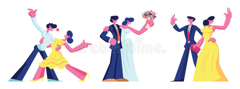 Joyeux jeu de relations de temps de rechange pour couple amoureux L'homme et la femme dansent, vont au restaurant pour la rencont illustration stock Joyeux jeu de relations de temps de rechange pour couple amoureux L'homme et la femme dansent, vont au restaurant pour la rencont illustration stock
