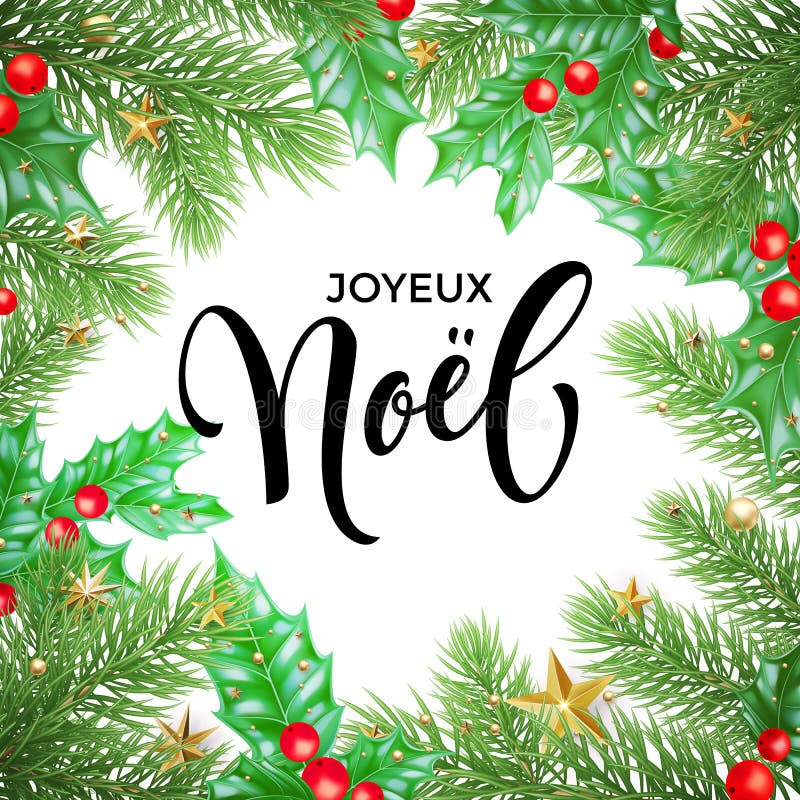 Joyeux Noel French Merry Christmas holiday hand drawn calligraphy text greeting and holly wreath decoration for card design templa