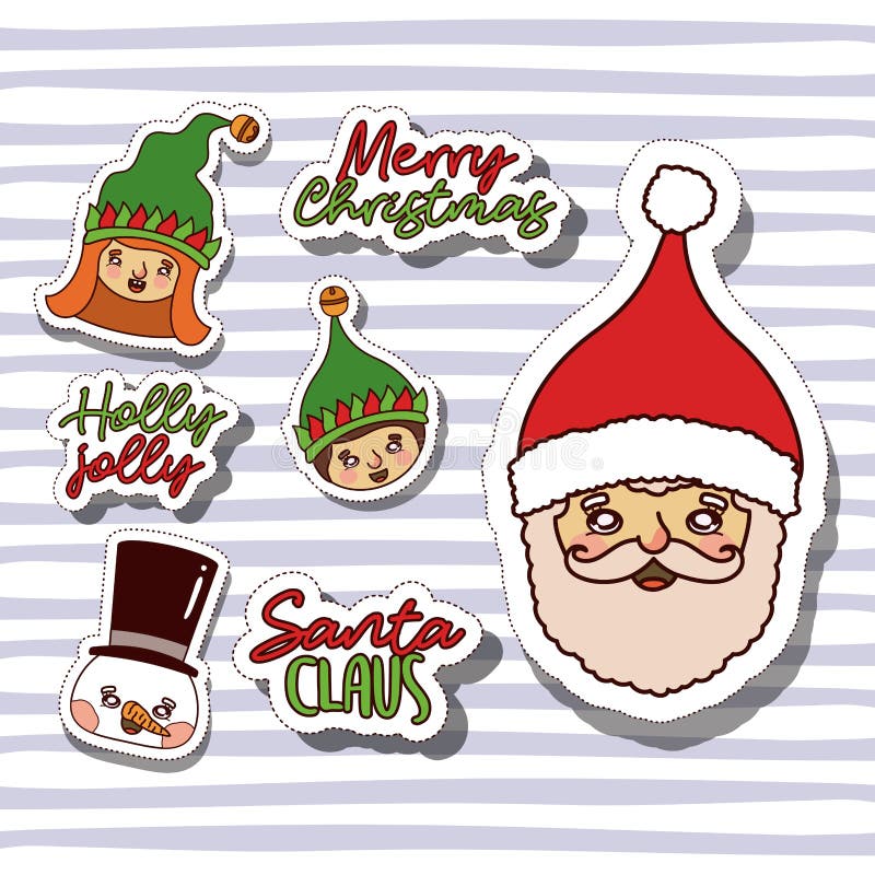 Joyeux Noël avec des visages d'autocollants des gnomes bonhomme de neige et père noël avec des discriminations raciales de fond illustration stock Joyeux Noël avec des visages d'autocollants des gnomes bonhomme de neige et père noël avec des discriminations raciales de fond illustration stock
