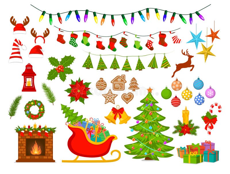 Merry Christmas and Happy New Year, seasonal, winter xmas decoration items objects elements design set collection including christmas tree, santa sleigh with presents, fireplace with wreaths and candles, garlands with lights, socks and stars. Merry Christmas and Happy New Year, seasonal, winter xmas decoration items objects elements design set collection including christmas tree, santa sleigh with presents, fireplace with wreaths and candles, garlands with lights, socks and stars