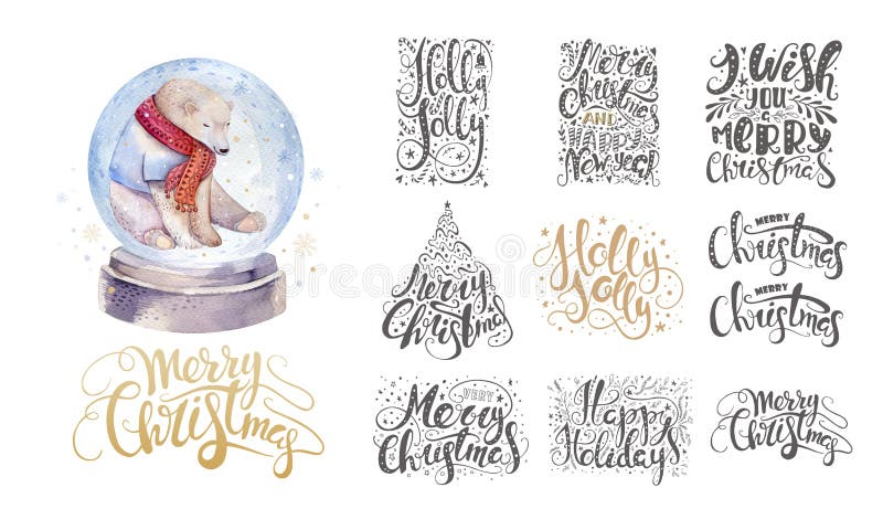 Joyeux Noël marquant avec des lettres plus d'avec les flocons de neige et l'ours Tiré par la main