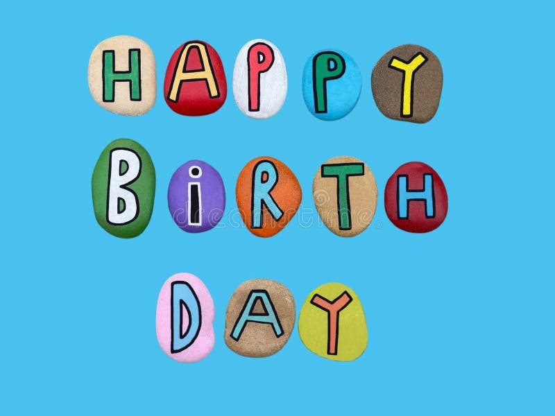Joyeux texte d'anniversaire composé de lettres de pierre multicolores sur fond bleu illustration de vecteur