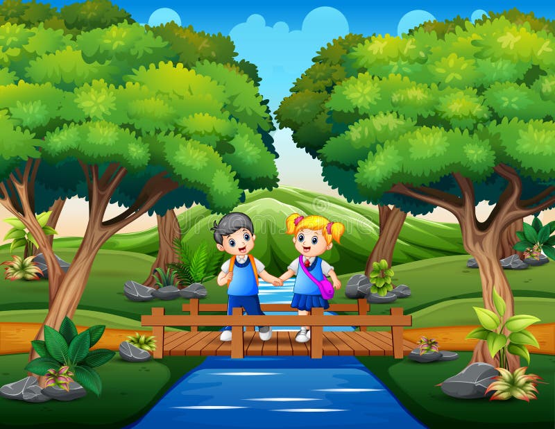 Joyeux écoliers traversant un pont de bois illustration de vecteur