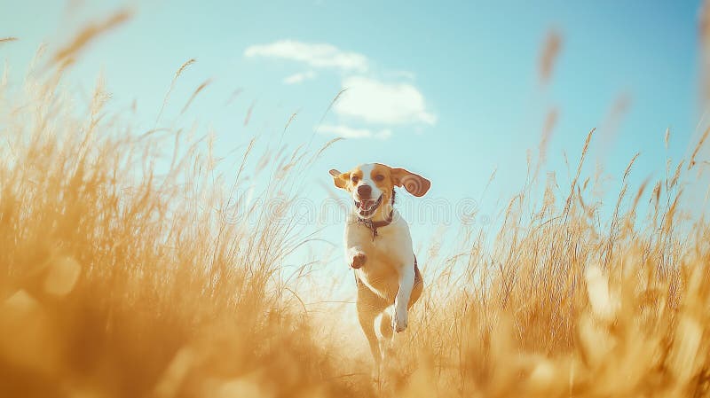 Joyful beagle, running energetically through a meadow, ears flying back as it chases a stick stock photos