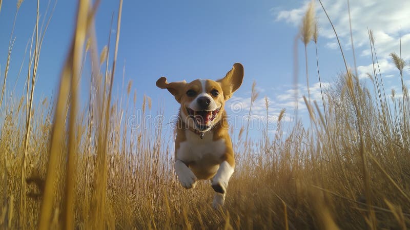 Joyful beagle, running energetically through a meadow, ears flying back as it chases a stick stock photos