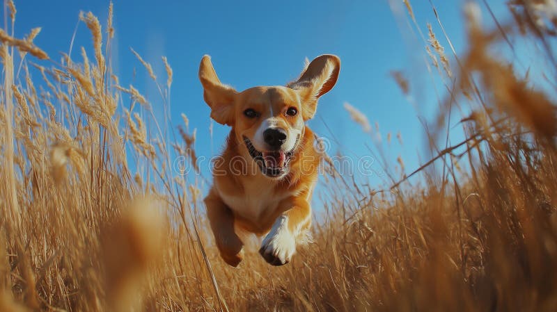 Joyful beagle, running energetically through a meadow, ears flying back as it chases a stick royalty free stock images