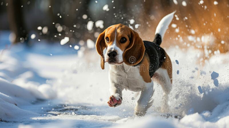 Joyful Beagle Running in Snow stock photos