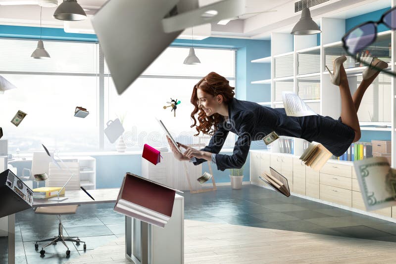 Joyful beautiful young levitating businesswoman. Mixed media stock photography Joyful beautiful young levitating businesswoman. Mixed media stock photography
