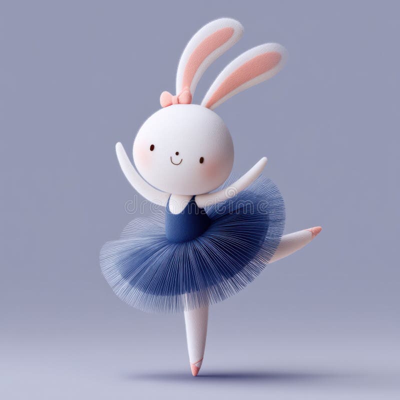 Joyful bunny in a blue tutu performs graceful ballet pose on lovely lavender backdrop cheerful dressed and adorned with pink bow foto de stock
