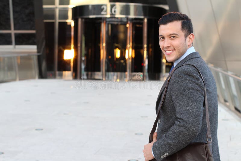 Joyful businessman heading to work stock image