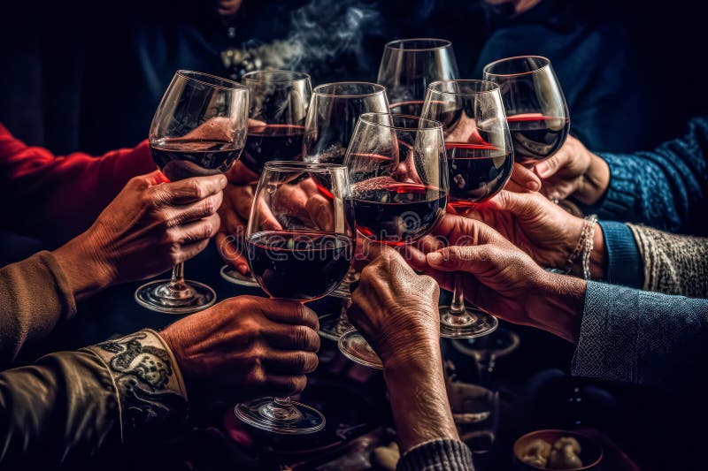 Prietenii ridică pahare elegante umplute cu șampanie spumantă sau vin rafinat vector illustration