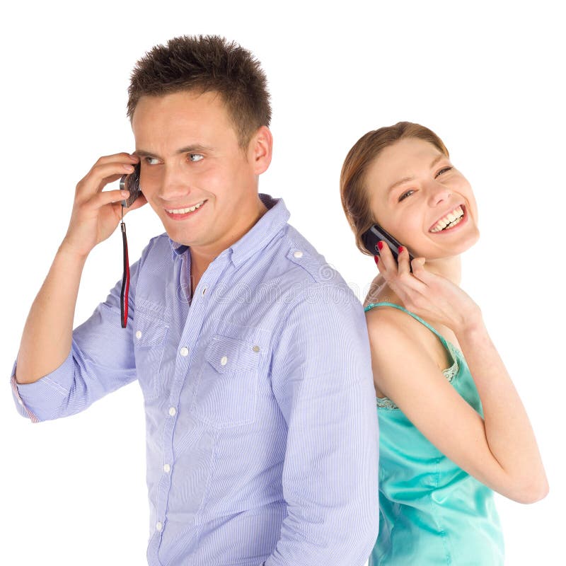 Joyful Couple Talking on the Phone stock photo
