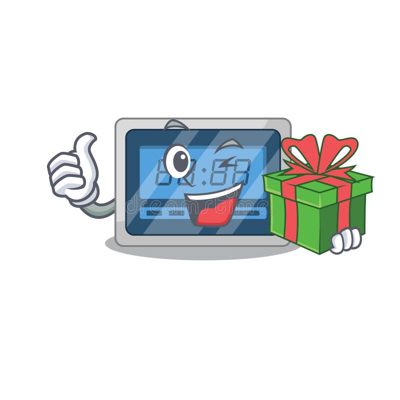 Joyful Digital Timer Cartoon Character with a Big Gift Box Stock Vector