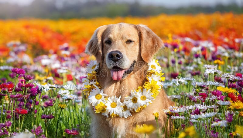 Joyful Golden Retriever Wearing Delicate Daisy Chain Posing Happily in a Vibrant Field of Colorful Wildflowers A Celebration of stock illustration