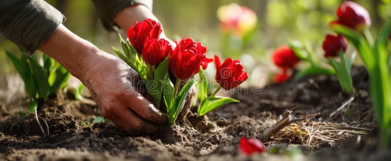 The Joyful Hands Planting Red Tulips in a Beautiful Spring Garden. image royalty free stock photography.