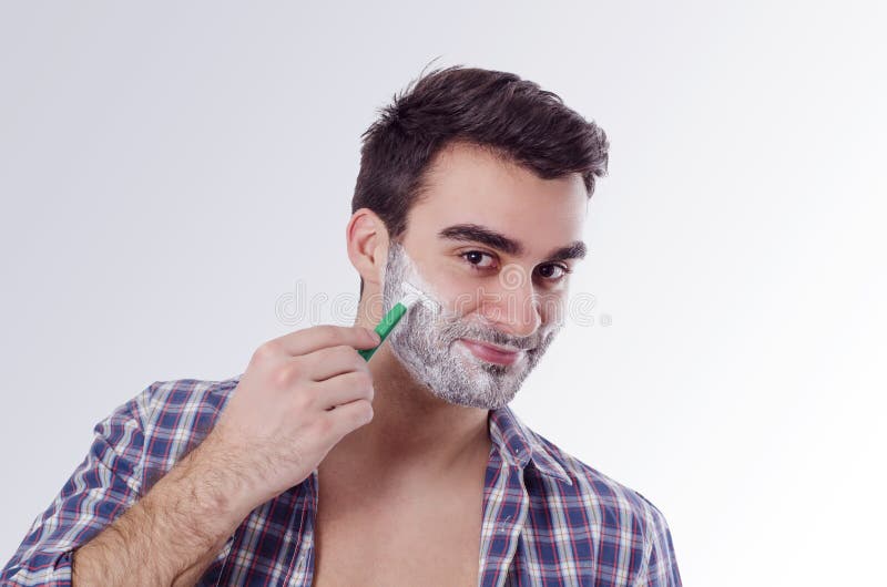 Joyful happy man shaving in the morning stock photos Joyful happy man shaving in the morning stock photos