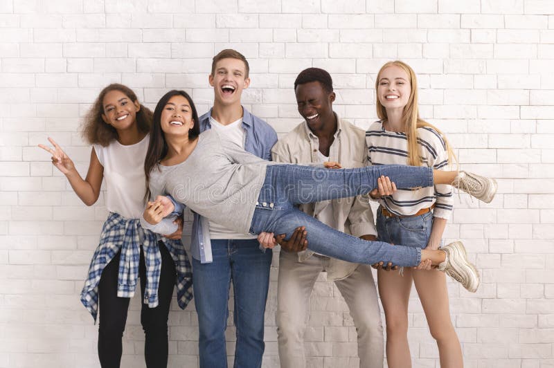Group Young People Standing Funny Poses Stock Photo 629621462