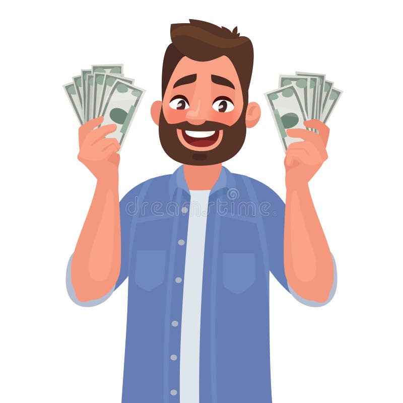 Joyful man with banknotes of money in his hands. The concept of wealth. Vector illustration