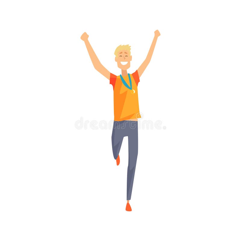 Joyful man character running with hands up. Cartoon male athlete with golden medal on his chest. Young guy in sportswear