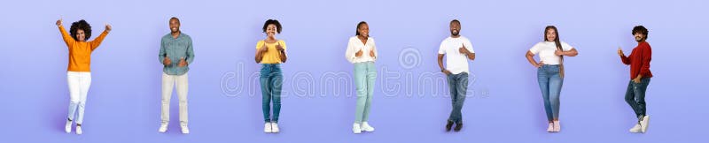 Joyful multiracial young people showing thumb ups on purple, web-banner royalty free stock images