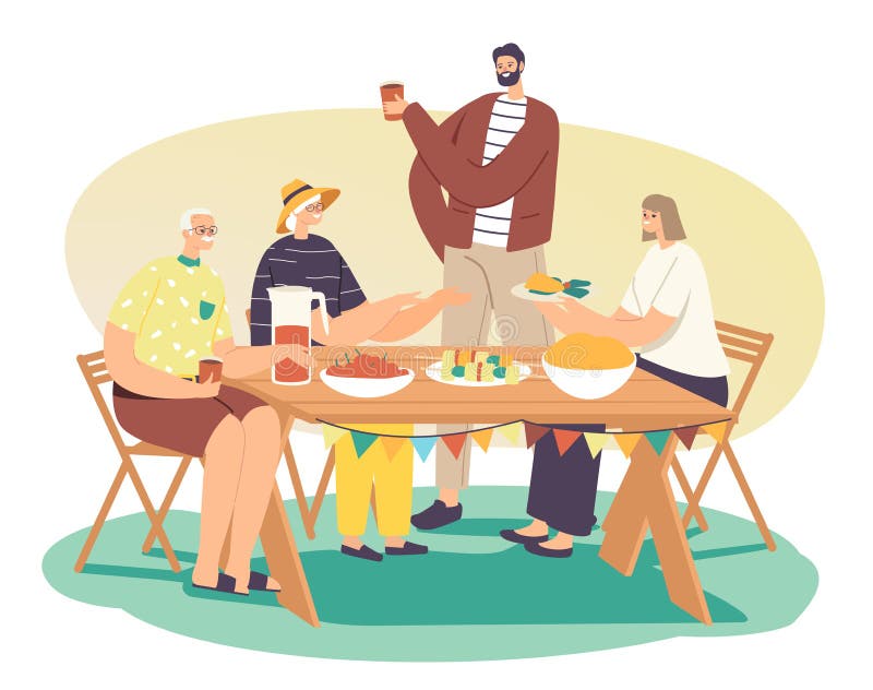 Joyful People Relax, Spend Time at House Yard at Summer Holiday. Happy Family Celebrate Garden Party. Male or Female Characters Sitting at Table, Eating and Communicate. Cartoon Vector Illustration. Joyful People Relax, Spend Time at House Yard at Summer Holiday. Happy Family Celebrate Garden Party. Male or Female Characters Sitting at Table, Eating and Communicate. Cartoon Vector Illustration