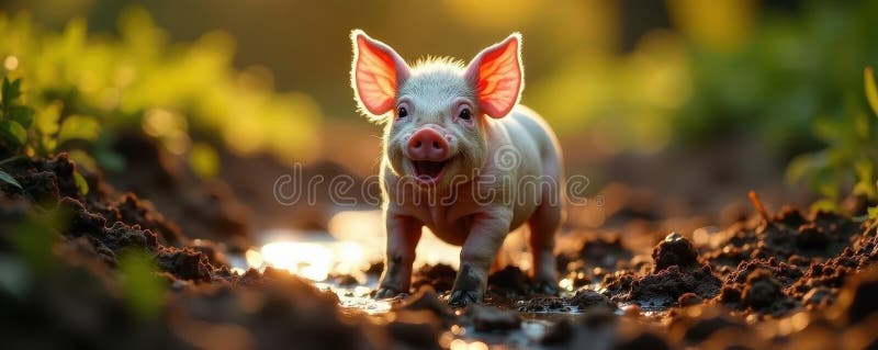 Joyful piglet wallow in rich mud sunlight gleaming on wet fur muddy gris tamanimal vektor illustrationer