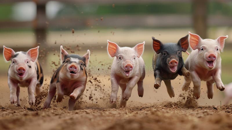 Joyful Piglets, Group of happy piglets running on dirt, Farm Life stock illustration