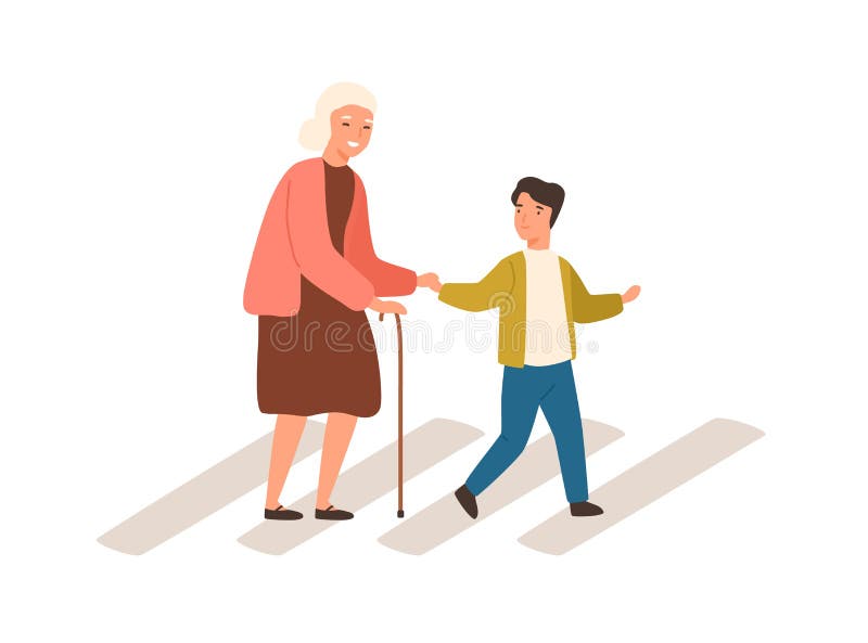 Joyful polite boy help grandmother cross street vector flat illustration. Smiling well mannered child assistance to aged