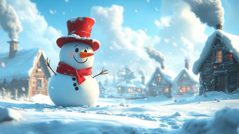 Joyful Snowman in una scena di villaggio snowy illustrazione vettoriale