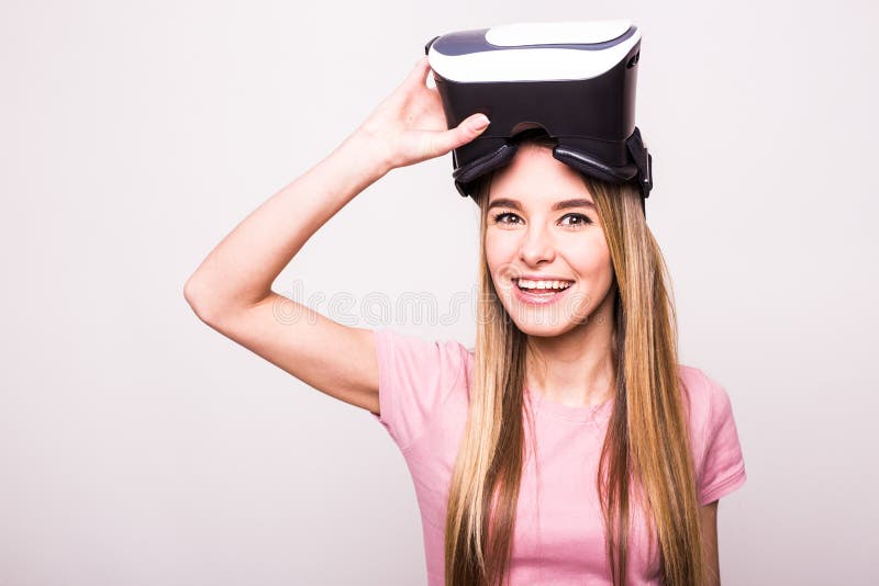 Woman using VR headset stock photo. Image of future 