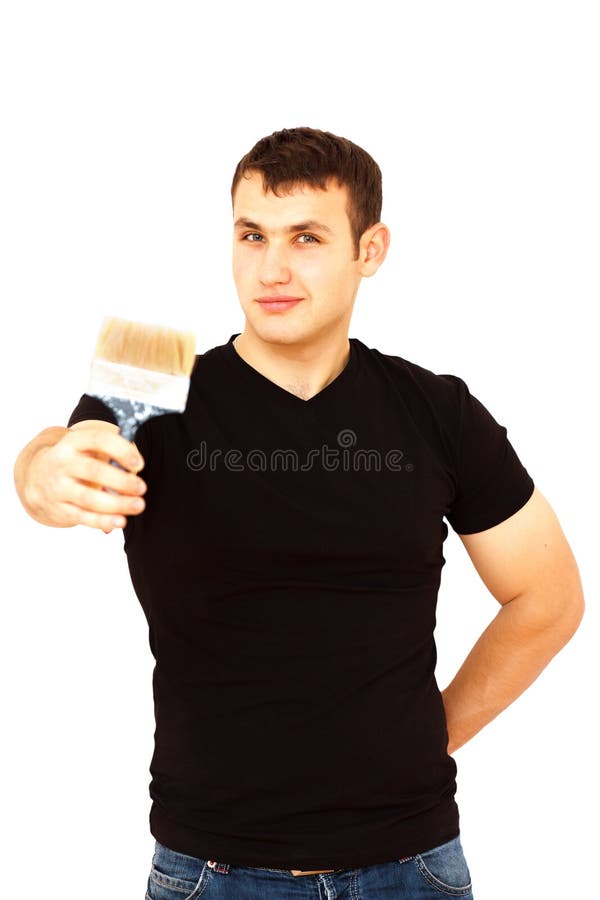 Joyful Young Man with a Paint Brush in Right Hand Stock Image Image
