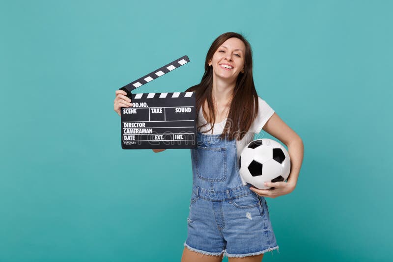 Fan support. Clapperboard and girl Full body.