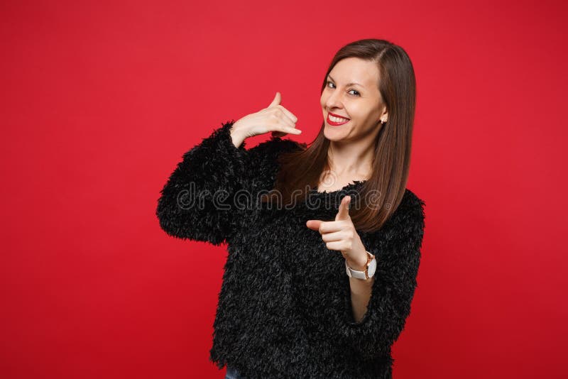 Woman Imitate Cellphone with Hand Make Call Me Gesture Stock Image - Image  of background, client: 150137861