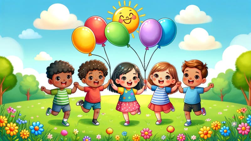 This delightful image captures the essence of a joyful childhood with a group of exuberant cartoon children holding a bunch of colorful balloons. They are set against a picturesque backdrop of a sunny sky with a smiling sun, in a vibrant meadow brimming with multicolored flowers. The diverse group of kids, depicted in a playful mood, represents friendship, happiness, and the carefree nature of youth. The scene, rich in color and life, is perfect for themes related to children’s parties, outdoor activities, education, diversity, unity, and the simple pleasures of playing outdoors. This illustration is ideal for use in children's books, educational websites, and party invitations, resonating with keywords like joy, diversity, nature, celebration, and playful childhood. This delightful image captures the essence of a joyful childhood with a group of exuberant cartoon children holding a bunch of colorful balloons. They are set against a picturesque backdrop of a sunny sky with a smiling sun, in a vibrant meadow brimming with multicolored flowers. The diverse group of kids, depicted in a playful mood, represents friendship, happiness, and the carefree nature of youth. The scene, rich in color and life, is perfect for themes related to children’s parties, outdoor activities, education, diversity, unity, and the simple pleasures of playing outdoors. This illustration is ideal for use in children's books, educational websites, and party invitations, resonating with keywords like joy, diversity, nature, celebration, and playful childhood.