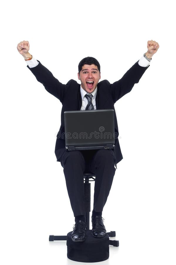 Joyous young business man celebrating with hands raised. Joyous young business man holding arms raised in air isolated on white background. He is celebrating and royalty free stock photos Joyous young business man celebrating with hands raised. Joyous young business man holding arms raised in air isolated on white background. He is celebrating and royalty free stock photos